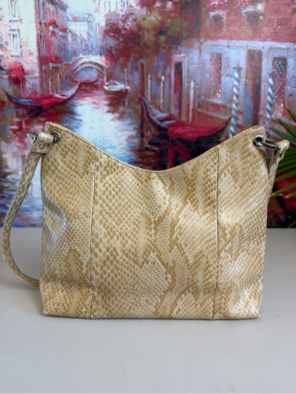Beige Snakeskin Print Shoulder Bag Long Strap